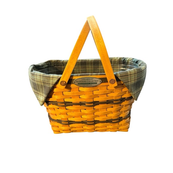 Longaberger Other - Longaberger Green, Yellow and Brown Woven Tote with Plaid Liner